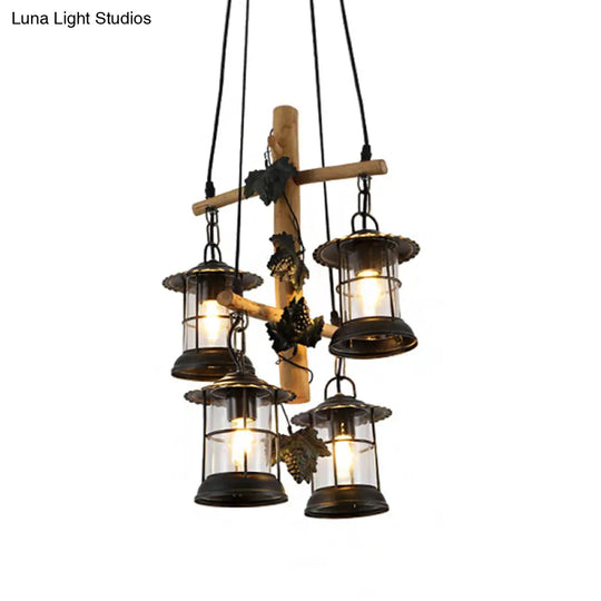 Adjustable 3/4 Lights Industrial Glass Lantern Ceiling Chandelier In Black