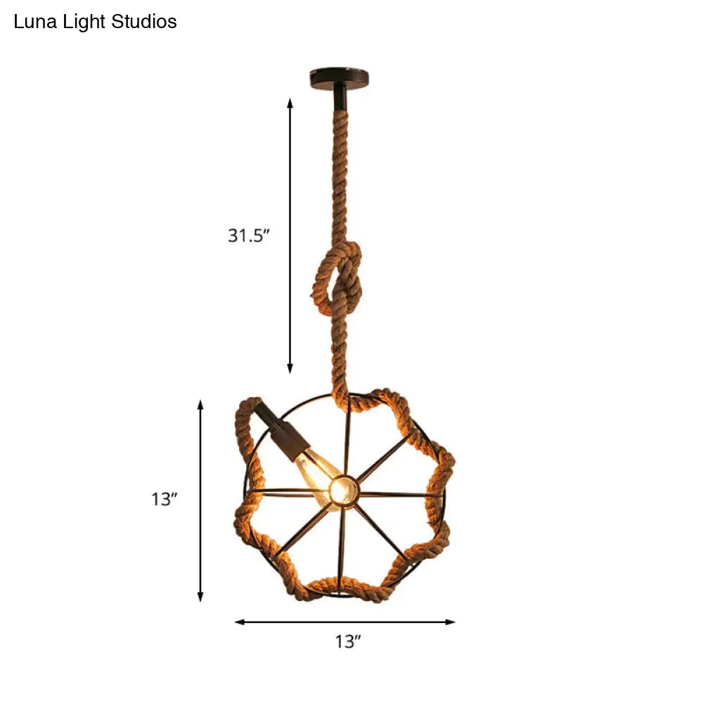 Industrial Beige Rope And Metal Adjustable Pendant Ceiling Light - Head Wheel Cage Design