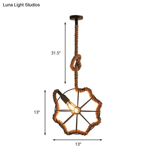 Industrial Beige Rope And Metal Adjustable Pendant Ceiling Light - Head Wheel Cage Design