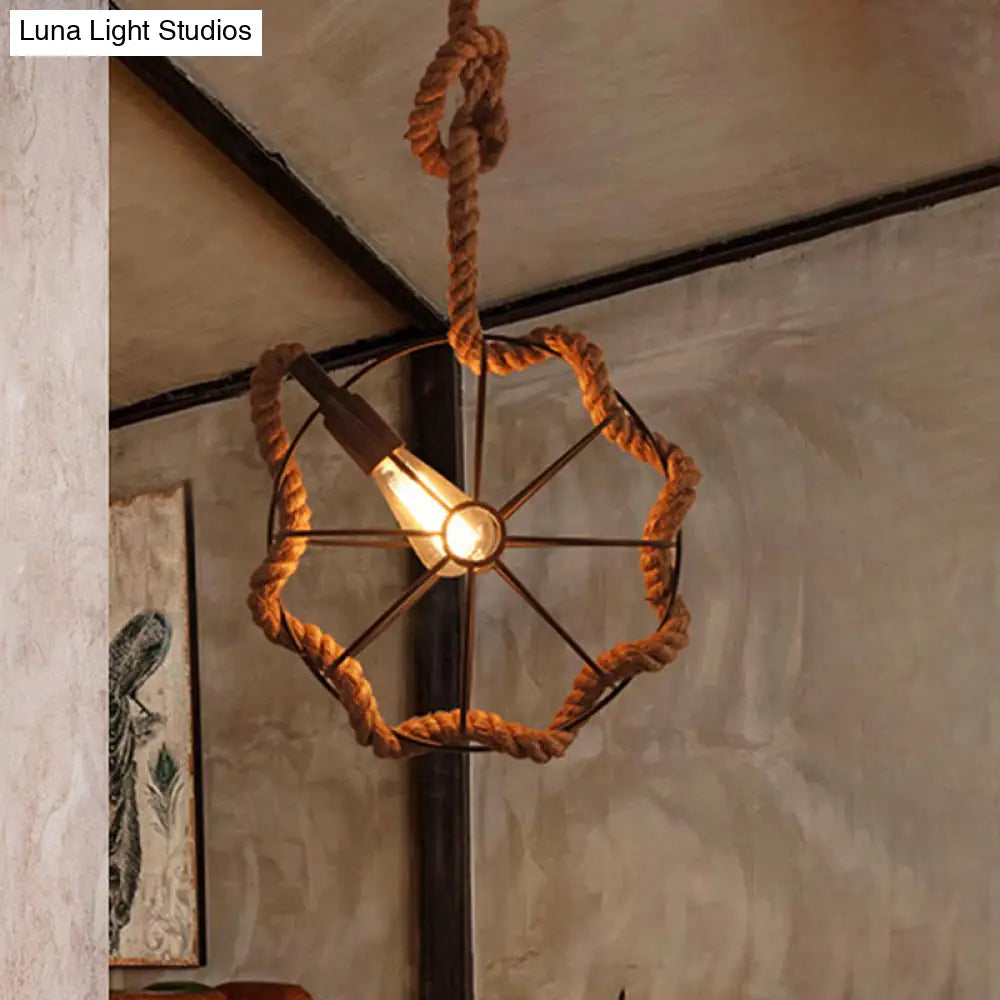 Industrial Beige Rope And Metal Adjustable Pendant Ceiling Light - Head Wheel Cage Design