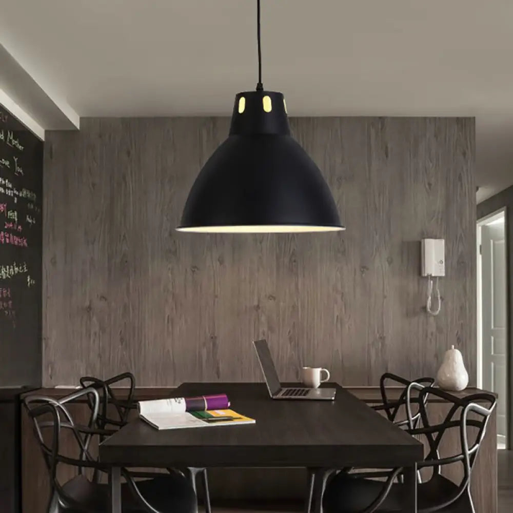 Adjustable Industrial Pendant Light With Metallic Black And White Dome Shade