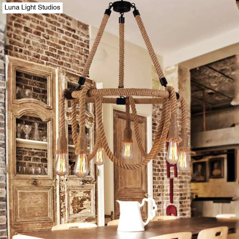 Adjustable Industrial Rope Chandelier - 6 Lights Beige Ceiling Fixture