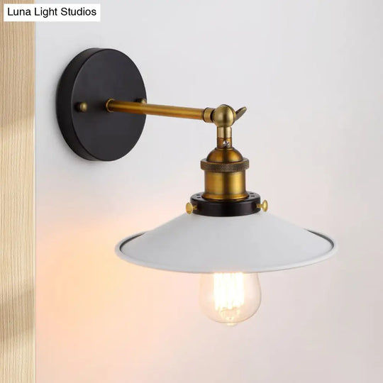 Adjustable Industrial Sconce Light With Metallic White Saucer Shade For Corridor