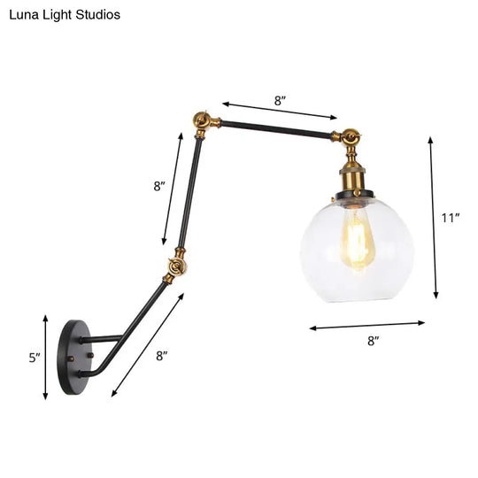 Adjustable Industrial Wall Lamp With Clear Glass Shade - 1 Head Bedroom Reading Light