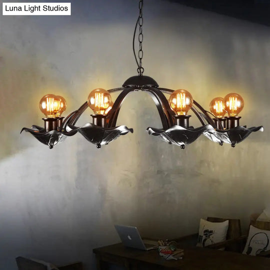 Lotus Leaf Metal Chandelier Light: Adjustable Height Hanging Lamp Black