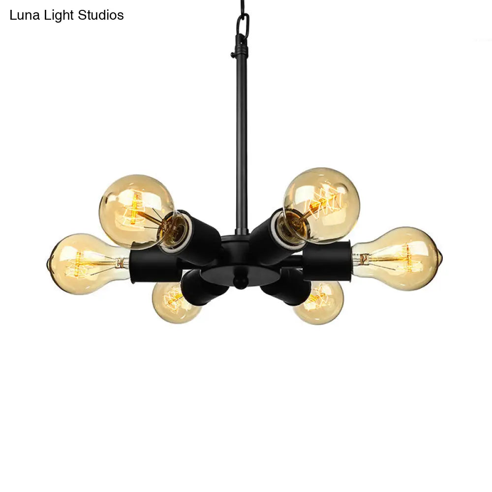 Industrial Exposed Pendant Light - Adjustable 6-Bulb Metallic Chandelier For Study Room (Black)