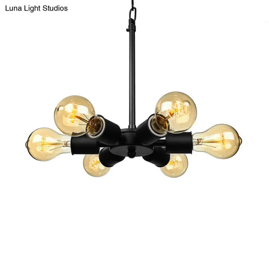 Industrial Exposed Pendant Light - Adjustable 6-Bulb Metallic Chandelier For Study Room (Black)