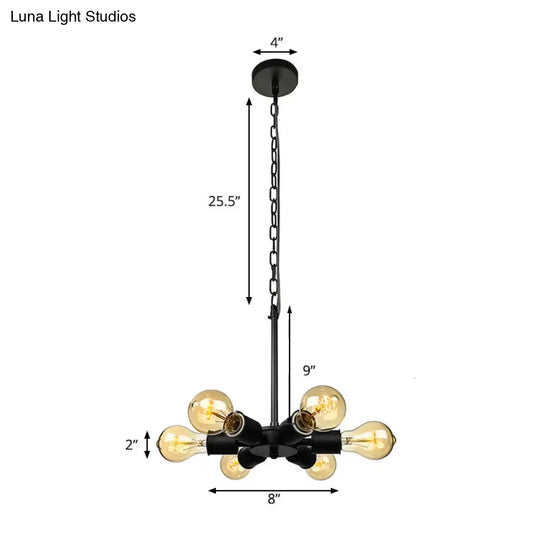 Industrial Exposed Pendant Light - Adjustable 6-Bulb Metallic Chandelier For Study Room (Black)