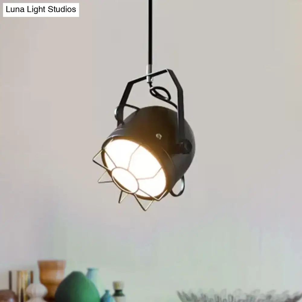 Adjustable Metallic Pendant Light With Wire Guard In Black - Industrial Bell Shade 1 Hanging