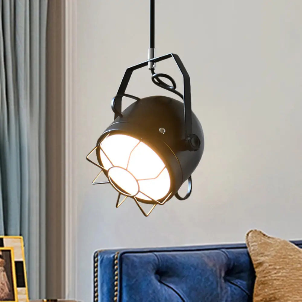Adjustable Metallic Pendant Light With Wire Guard In Black - Industrial Bell Shade 1 Hanging
