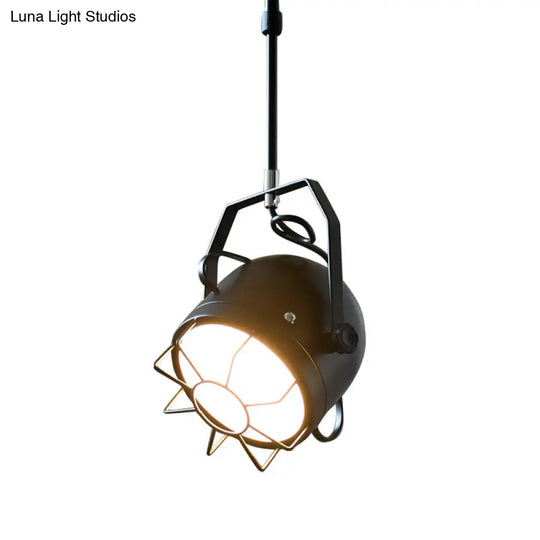 Adjustable Metallic Pendant Light With Wire Guard In Black - Industrial Bell Shade 1 Hanging