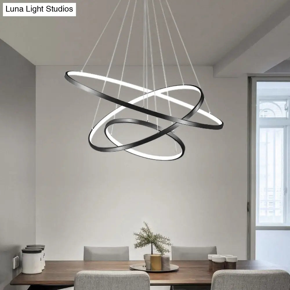 Adjustable Ring Led Pendant Light - Sleek Black Metal Chandelier For Dining Room