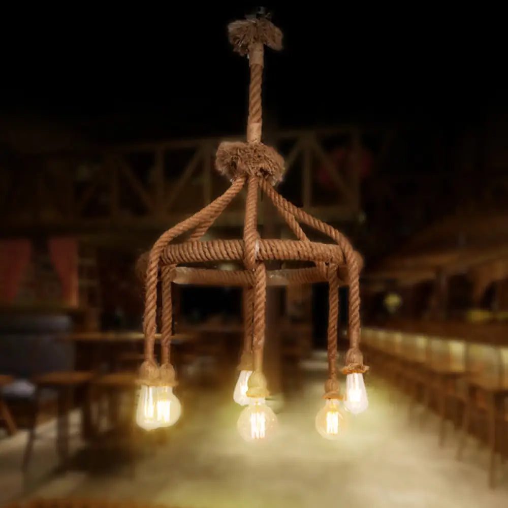 Adjustable Rope Chandelier Pendant Light - Farmhouse Multi Bar Ceiling Fixture In Beige / 19.5’