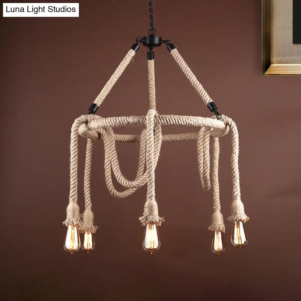 Adjustable Rope Chandelier Pendant Light - Farmhouse Multi Bar Ceiling Fixture In Beige