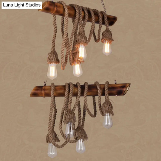 Adjustable Rope Island Light With Bulb In Beige - 3/4/6-Light Bamboo Pendant