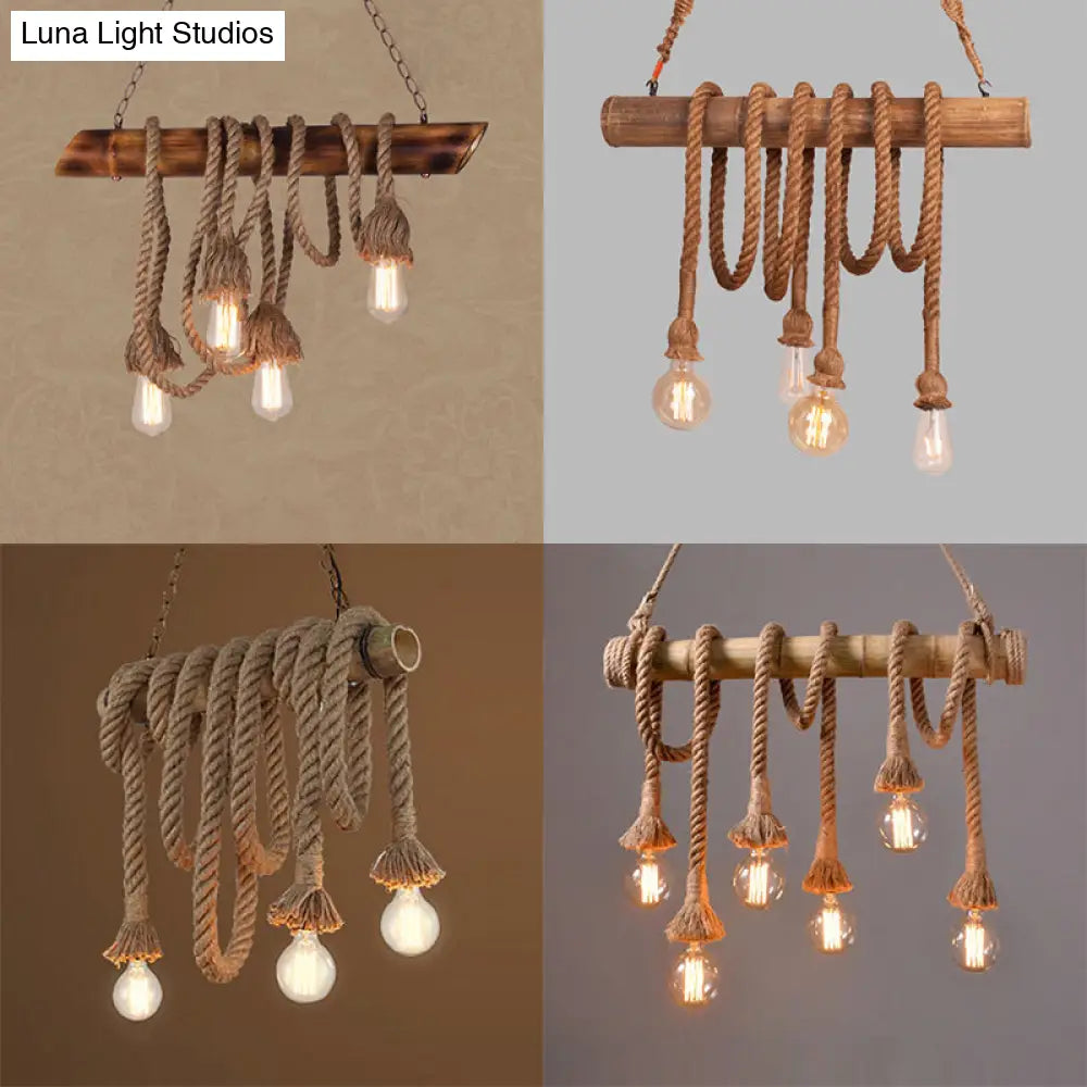 Adjustable Rope Island Light With Bulb In Beige - 3/4/6-Light Bamboo Pendant