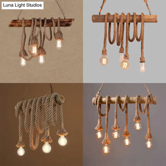 Adjustable Rope Island Light With Bulb In Beige - 3/4/6-Light Bamboo Pendant