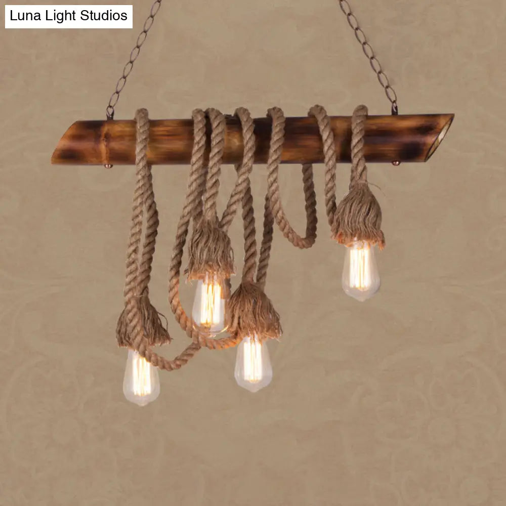 Adjustable Rope Island Light With Bulb In Beige - 3/4/6-Light Bamboo Pendant