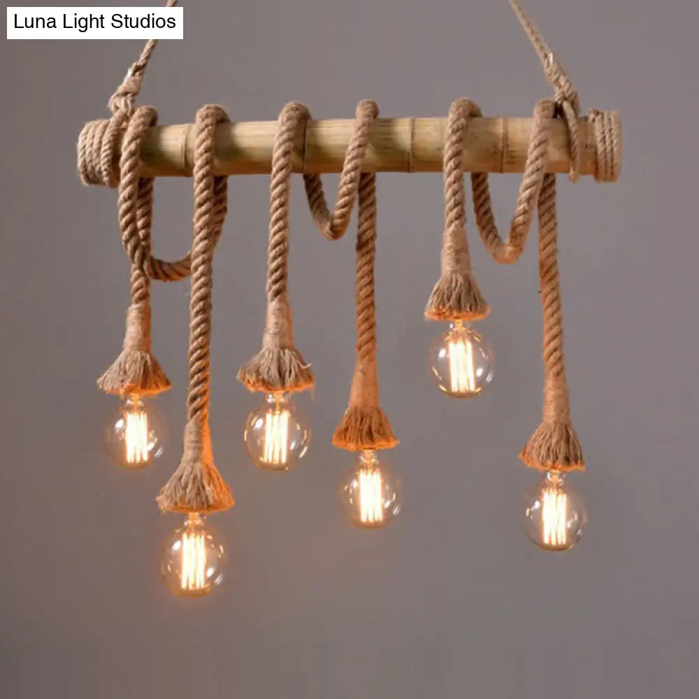 Adjustable Rope Island Light With Bulb In Beige - 3/4/6-Light Bamboo Pendant