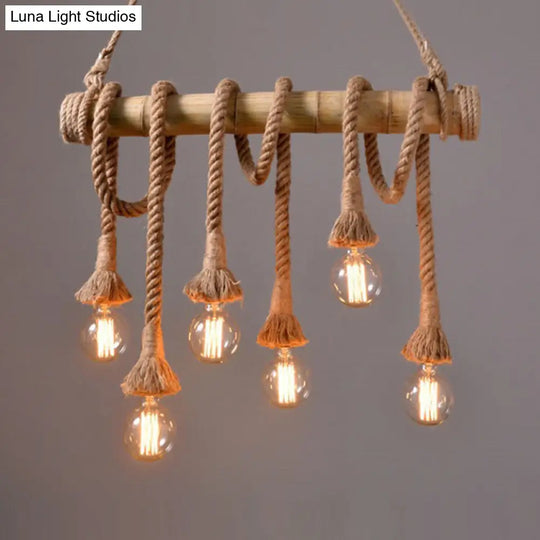 Adjustable Rope Island Light With Bulb In Beige - 3/4/6-Light Bamboo Pendant