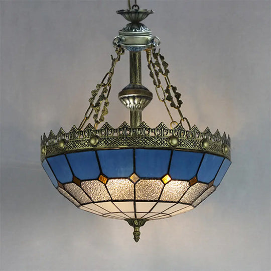 Adjustable Stained Glass Ceiling Pendant - Mediterranean Bowl Drop Light With Metal Chain