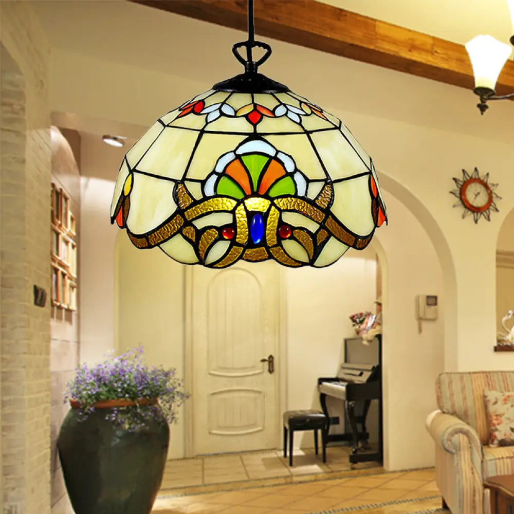 Adjustable Victorian Pendant Lighting With Stained Glass Floral Shades For Kitchen Island Yellow