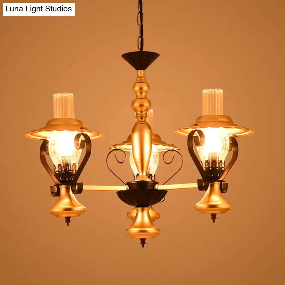 Adjustable Vintage Gold Chandelier With Metal And Glass Pendant Lamp - 3/5-Light Lantern Lighting