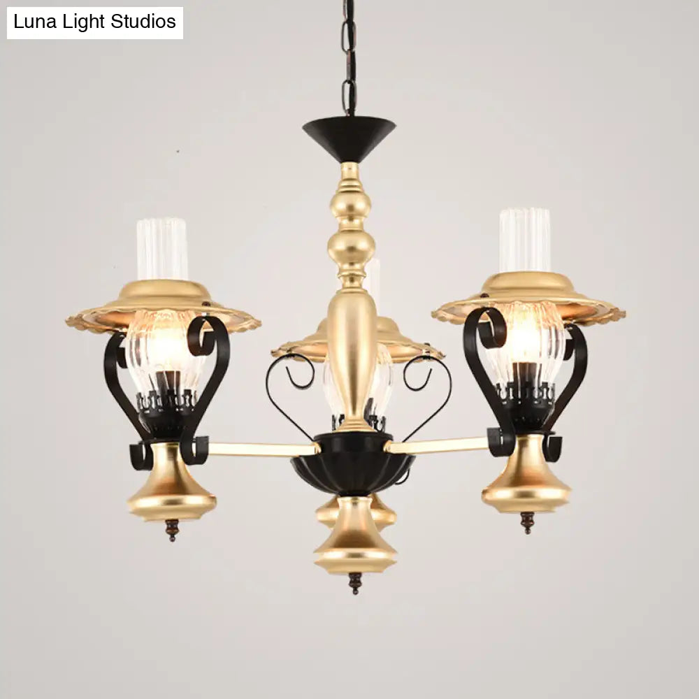 Adjustable Vintage Gold Chandelier With Metal And Glass Pendant Lamp - 3/5-Light Lantern Lighting