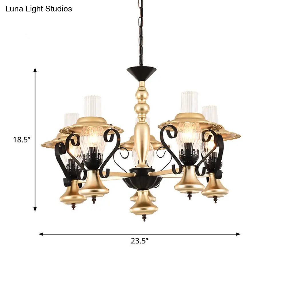 Adjustable Vintage Gold Chandelier With Metal And Glass Pendant Lamp - 3/5-Light Lantern Lighting