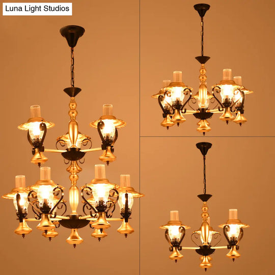 Adjustable Vintage Pendant Chandelier - Glass & Metal Lantern Light In Gold