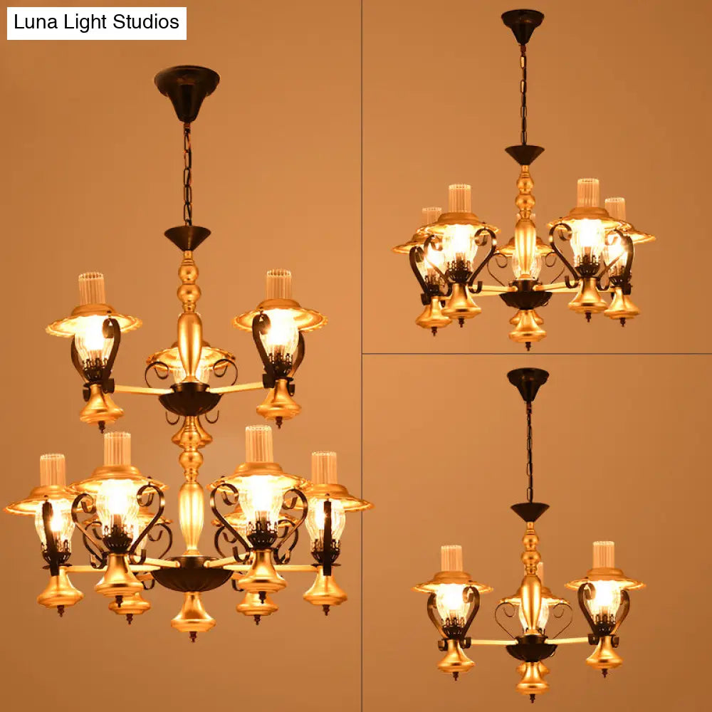 Adjustable Vintage Gold Chandelier With Metal And Glass Pendant Lamp - 3/5-Light Lantern Lighting