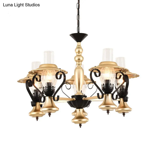 Adjustable Vintage Gold Chandelier With Metal And Glass Pendant Lamp - 3/5-Light Lantern Lighting