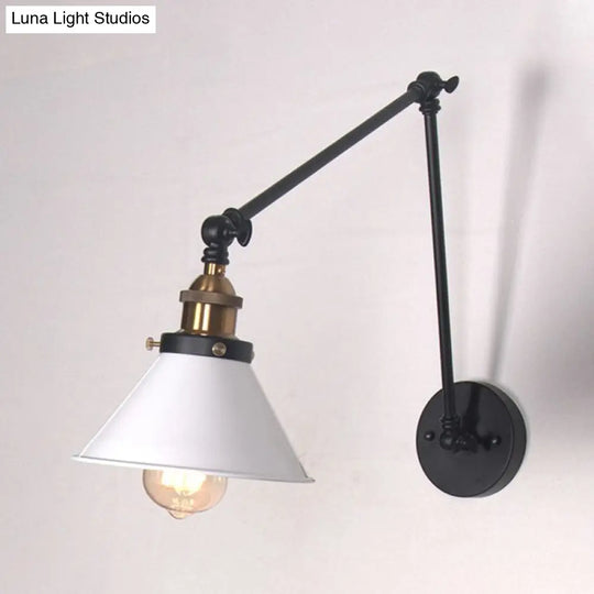 Adjustable Wall Lamp With Metal Cone Shade - Retro Indoor Sconce Light In Black/White