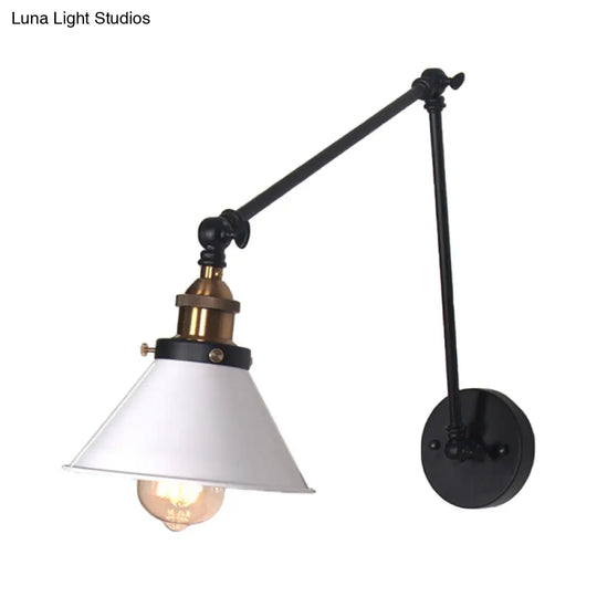 Adjustable Wall Lamp With Metal Cone Shade - Retro Indoor Sconce Light In Black/White