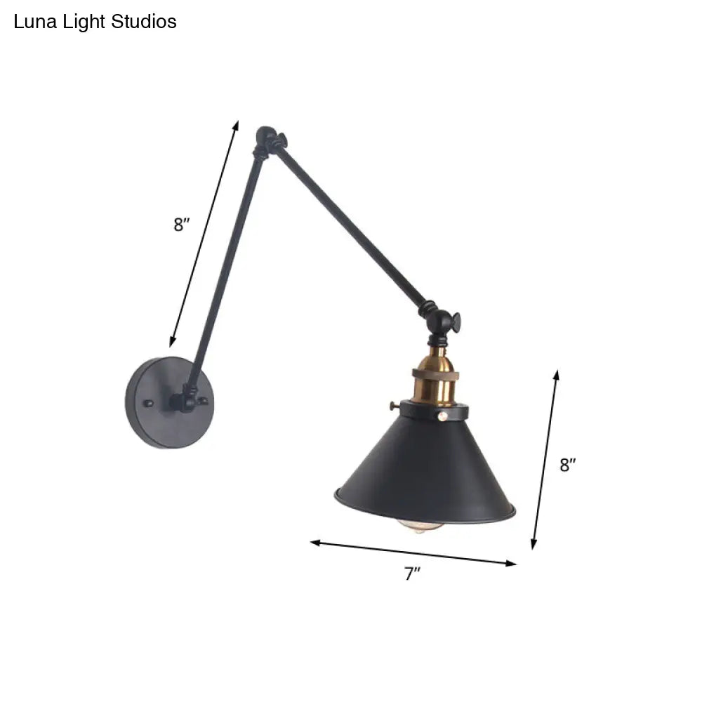 Adjustable Wall Lamp With Metal Cone Shade - Retro Indoor Sconce Light In Black/White