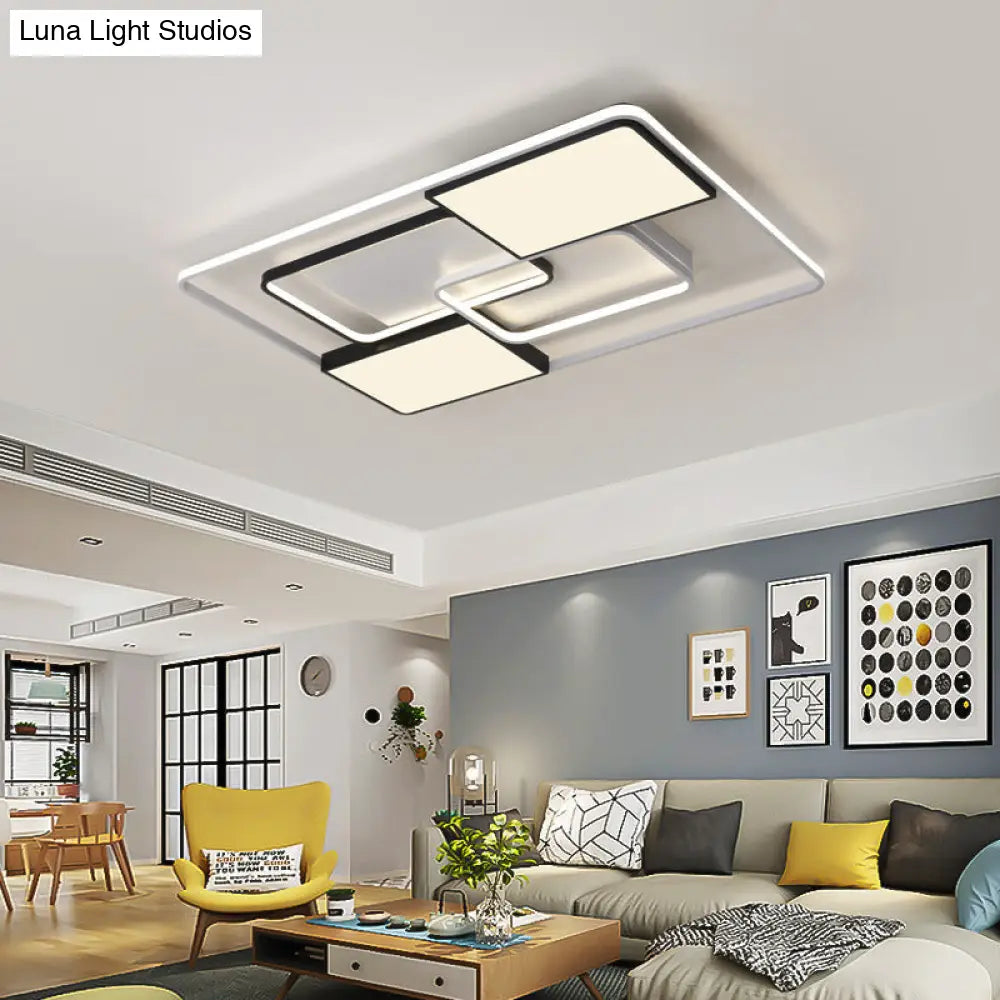 Adjustable Wide Led Flushmount Lighting - Modern White Rhombus/Rectangular Ceiling Lamp For Living