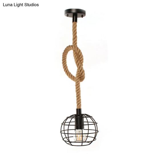 Adjustable Wire Globe Pendant Light With Metal Suspension And Rope In Black - Ideal For Industrial