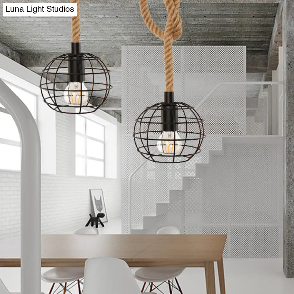 Adjustable Rope Industrial Wire Globe Pendant Lamp - Metal Suspension Light In Black For Dining Room