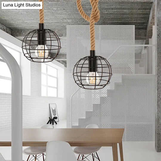 Adjustable Rope Industrial Wire Globe Pendant Lamp - Metal Suspension Light In Black For Dining Room