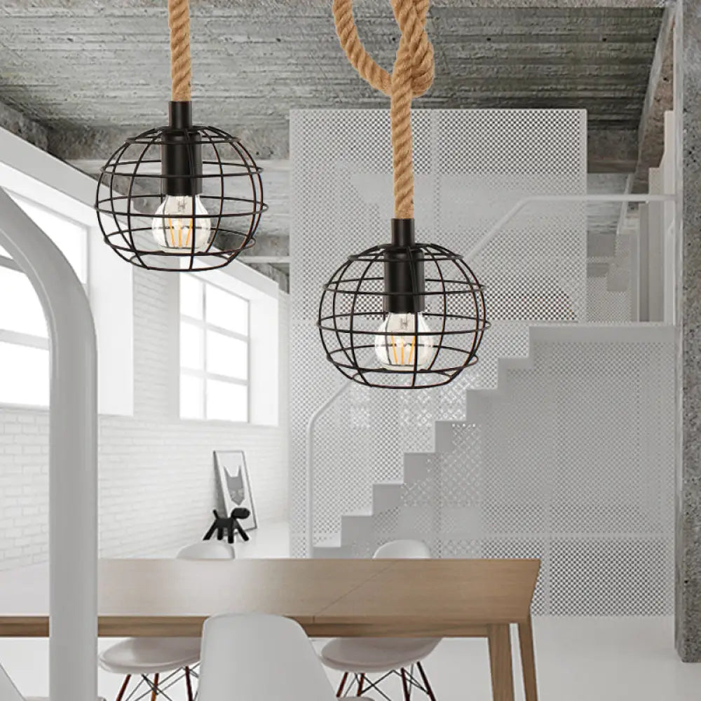 Adjustable Wire Globe Pendant Light With Metal Suspension And Rope In Black - Ideal For Industrial