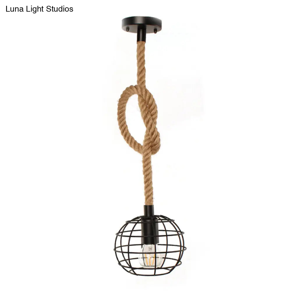 Adjustable Rope Industrial Wire Globe Pendant Lamp - Metal Suspension Light In Black For Dining Room