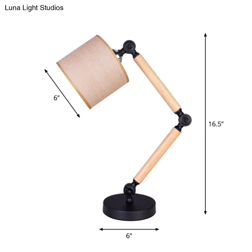 Adjustable Wood Arm Black Desk Light: Simple Cylinder Fabric Table Lamp For Bedroom - 1 Light