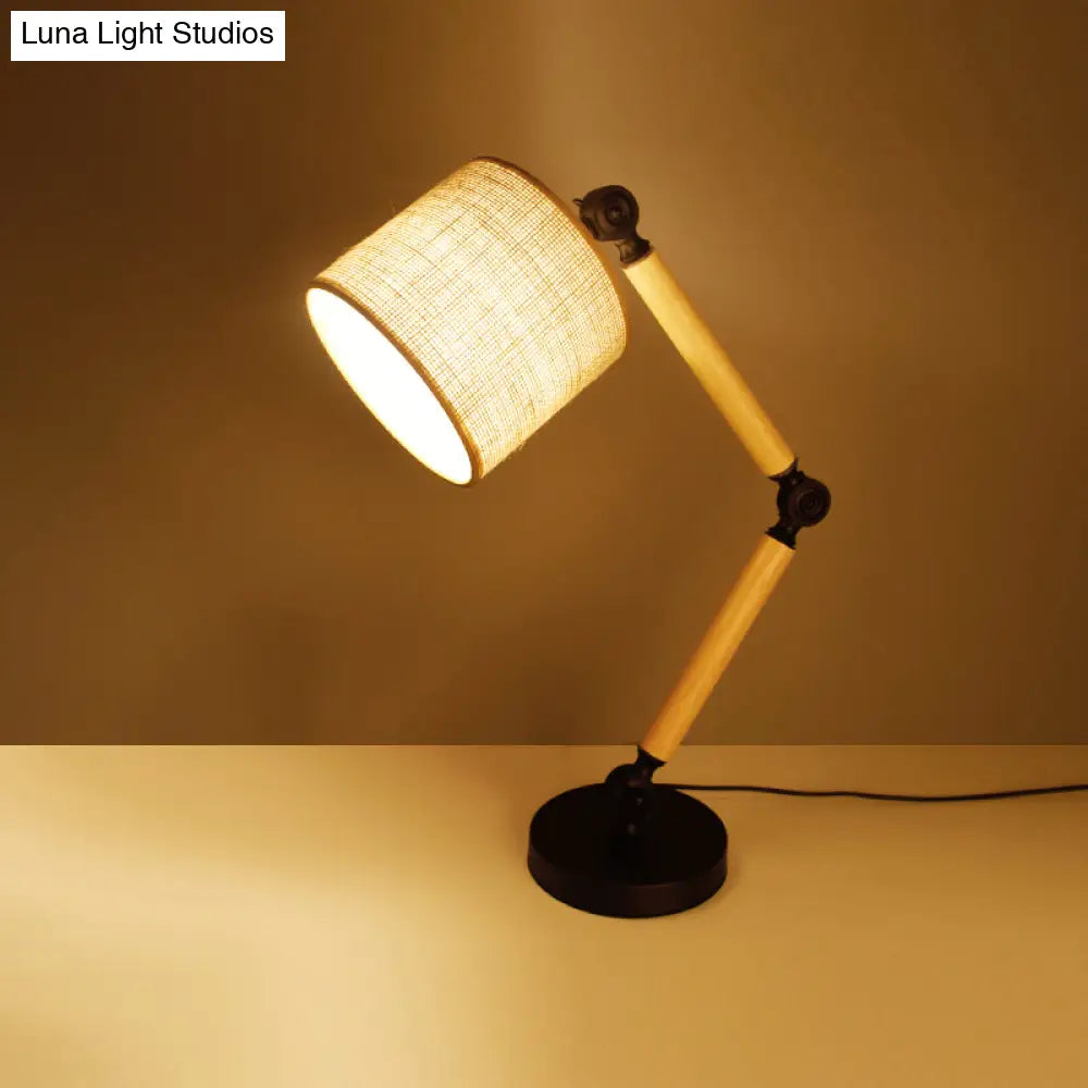 Adjustable Wood Arm Black Desk Light: Simple Cylinder Fabric Table Lamp For Bedroom - 1 Light