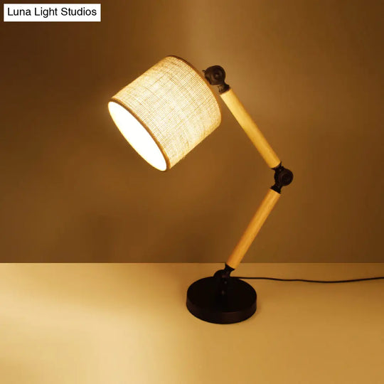 Adjustable Wood Arm Black Desk Light: Simple Cylinder Fabric Table Lamp For Bedroom - 1 Light