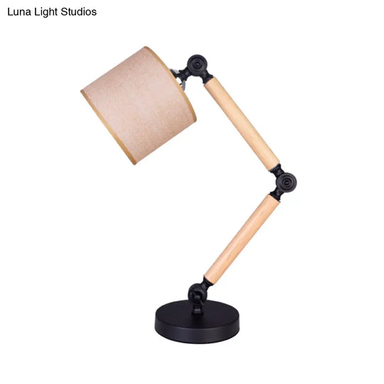 Adjustable Wood Arm Black Desk Light: Simple Cylinder Fabric Table Lamp For Bedroom - 1 Light