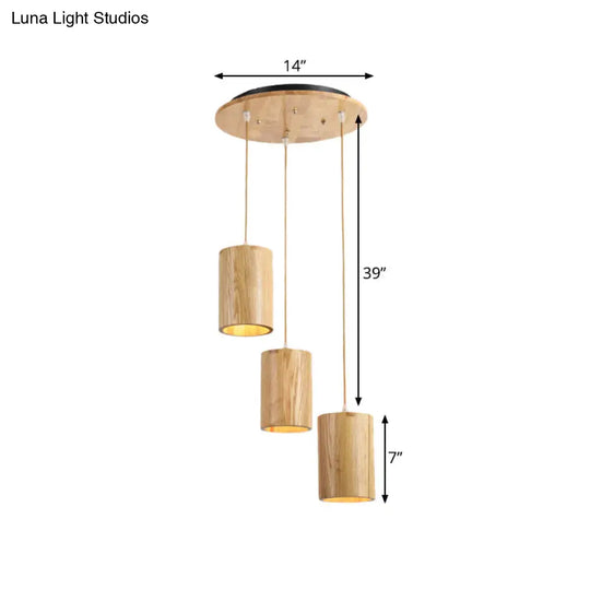 Cottage Wood Pendant Lighting Adjustable Height 3-Head Suspension For Dining Tables