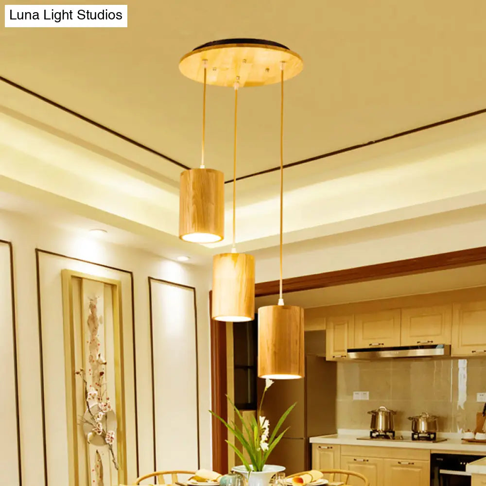 Adjustable Wood Pendant Lighting For Dining Tables - 3 Head Suspension Design