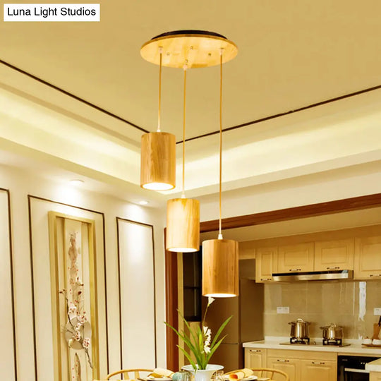 Cottage Wood Pendant Lighting Adjustable Height 3-Head Suspension For Dining Tables