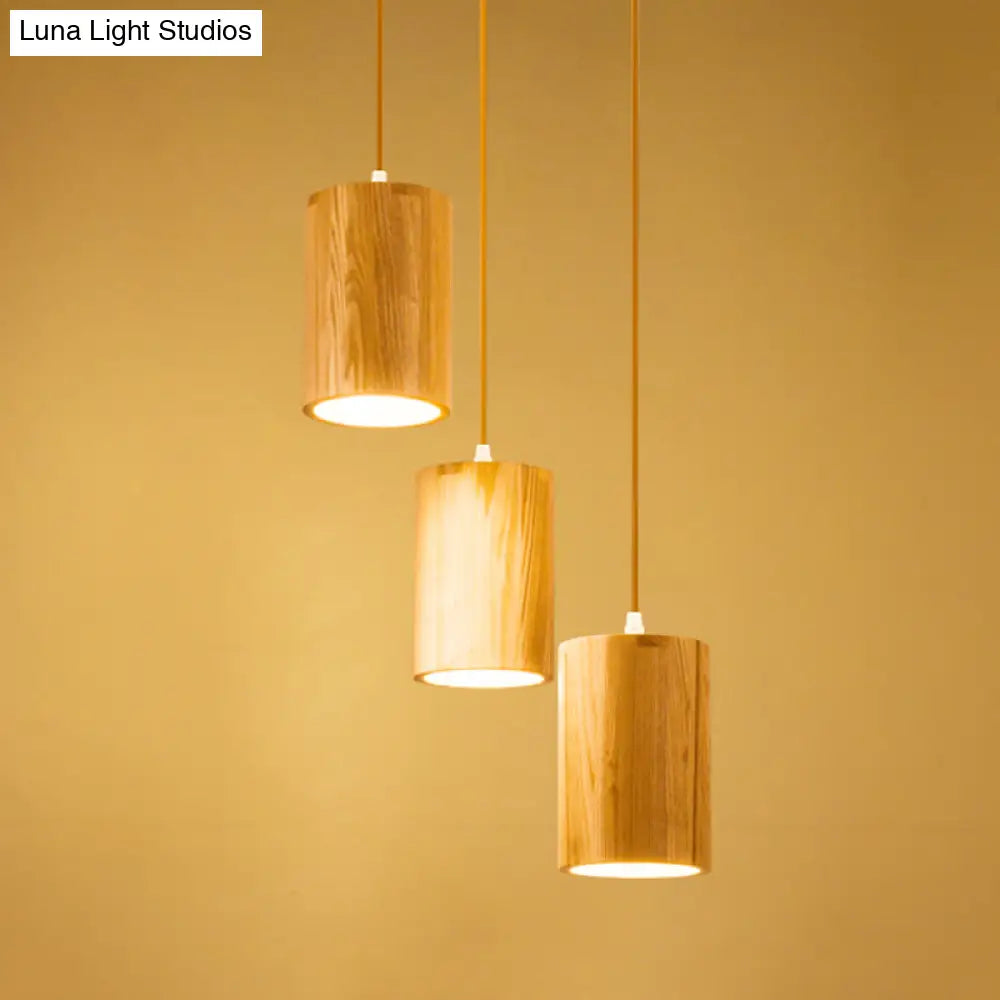 Adjustable Wood Pendant Lighting For Dining Tables - 3 Head Suspension Design