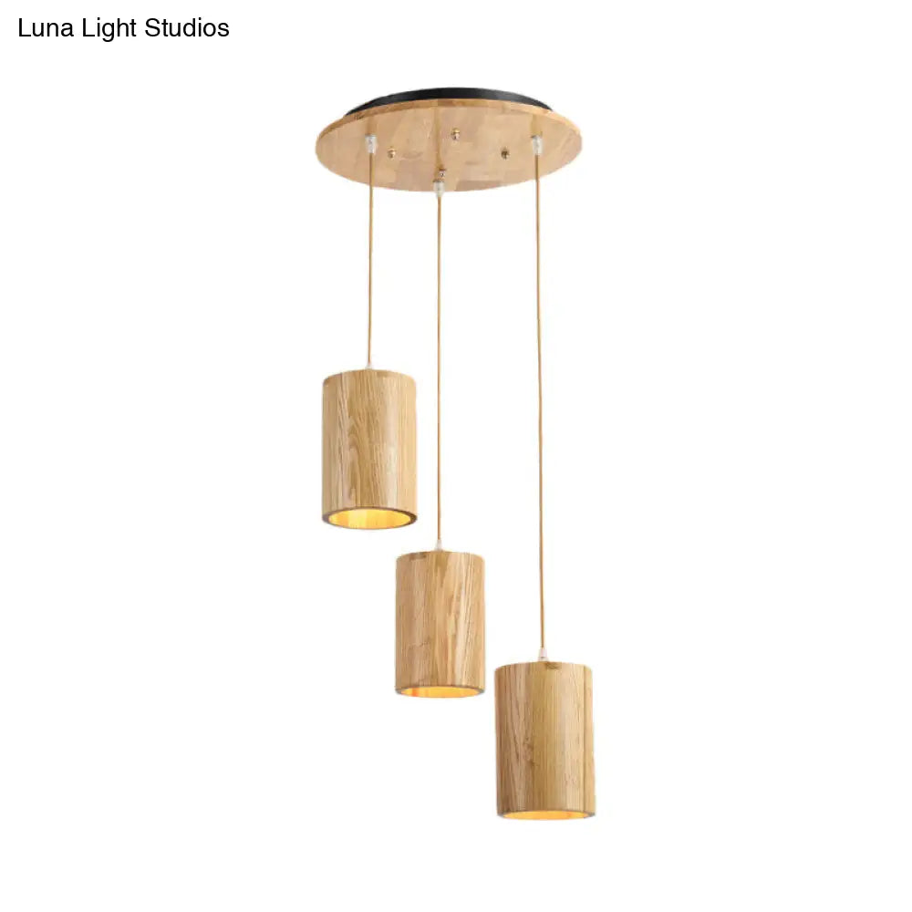 Cottage Wood Pendant Lighting Adjustable Height 3-Head Suspension For Dining Tables